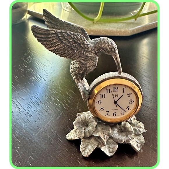 Vintage 1994 Hummingbird Minature Clock Figurine SPI Pewter Working 3 1/2" Tall - Picture 2 of 3